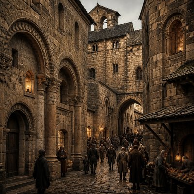 urban street with city activity — Romanesque Architecture
