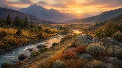 a vast valley with a river winding toward distant mountains at sunrise, no people, no text