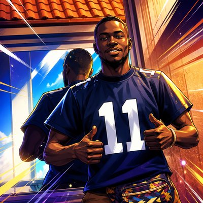 a man in a blue shirt giving a thumbs up