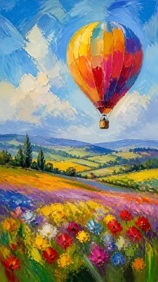 a hot air balloon drifting over rolling flower fields on a sunny day, cheerful, no text