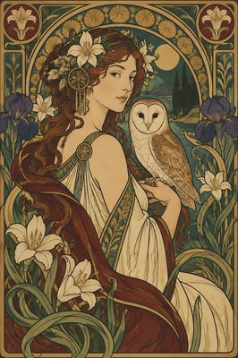 woman with owl surrounded by floral motifs