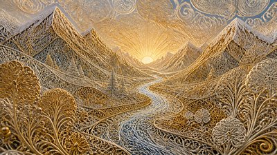 a vast valley with a river winding toward distant mountains at sunrise, no people, no text