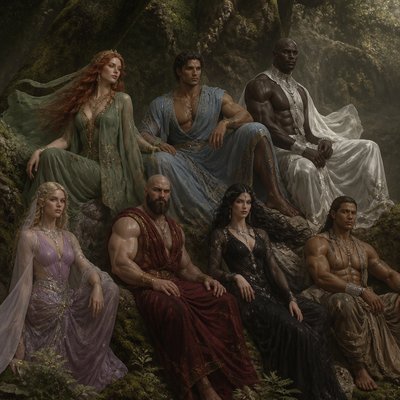 Je veux que tu me fasses des divinités au pluriel, un peu genre ancien très majestueux, mais qu'il soit pas genre vieux genre vers les 40 ans, on commence avec une temme, les cheveux roue, les yeux verts, elle est blanche elle est habillé en voile vert avec des bijoux doré, ensuite un brin, les cheveux un peu noir, genre vraiment cour, il a l'air un peu perse iranien, musclé il est habillé en bleu ciel avec un peu de doré. Un autre homme noir hyper grand et muscles genre enorme . Habillé en blanc et argenté. enfin une femme rose pourpre ou violet claire qui est blonde et or rose ou argenté. Enfin un homme habillé en rouge sombre. Il est blanc le crane rase et une barbe, il est musclé et sa tenue est sans manche. Et une femme blanche habillé en noir les cheveux noir et un homme qui a l’air amérindien il a les cheveux court et il est habillé en marron beige et argenté il est musclé et sans tee shirt genre juste le pantalon Je veux vraiment qu’ils aient 40 ans et qu’il y ait une Vibe de Dieu ancien. Je veux vraiment que qu’on ait l’impression qu’il se repose genre qu’ils sont posés le vent vers les cheveux comme s’il était dans une bande bizarre, et je veux que les couleurs soient pas très agressives, genre qu’elles soient hyper hyper terne. La soie, un duo des voiles.