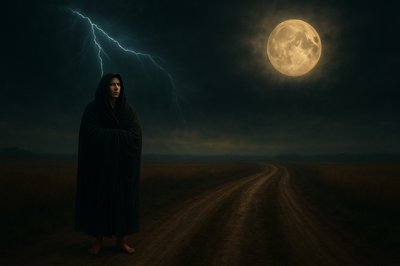 a woman standing in the middle of a dirt road under a full moon