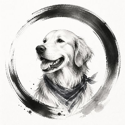portrait of a golden retriever wearing a blue bandana, warm plain backdrop, no text