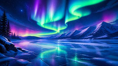 a sweeping aurora over a frozen lake, no people