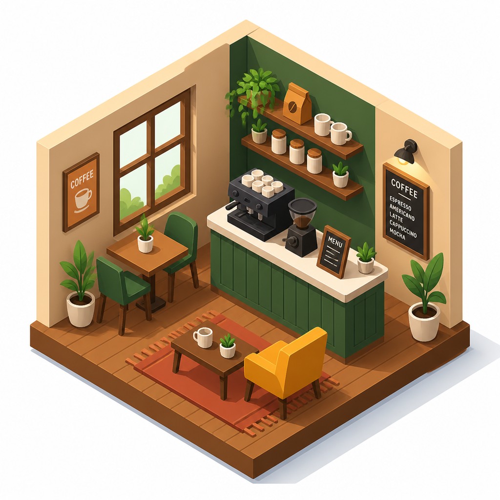 cozy cafe interior with warm lighting
