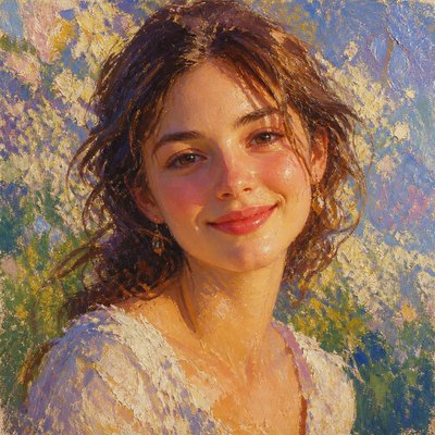 head-and-shoulders portrait of an original character: a young woman with wavy chestnut hair and a warm smile, plain soft backdrop