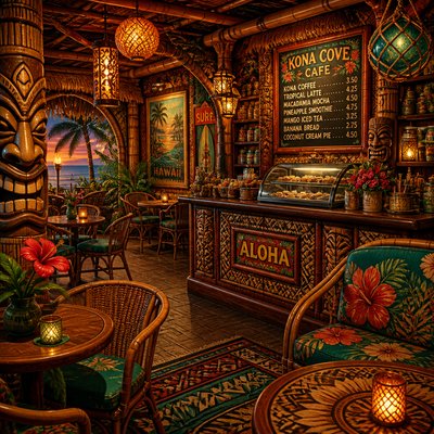 cozy cafe interior with warm lighting