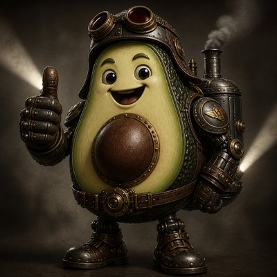 a happy avocado character giving a thumbs up, bold readable design on a plain background, no text