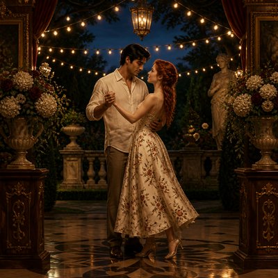 an original couple dancing under string lights in a garden at dusk: a man with short black hair in a linen shirt and a woman with braided red hair in a summer dress