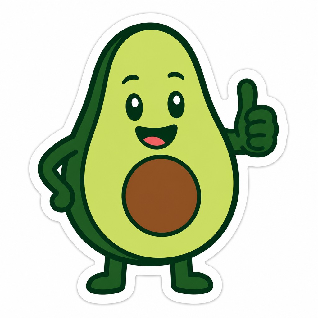 a happy avocado character giving a thumbs up, bold readable design on a plain background, no text