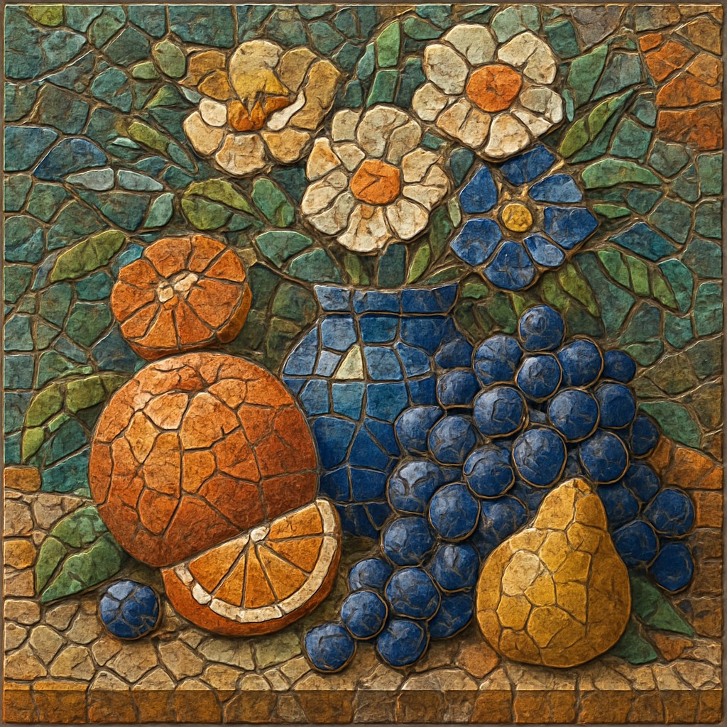 still life arrangement of fruits and flowers