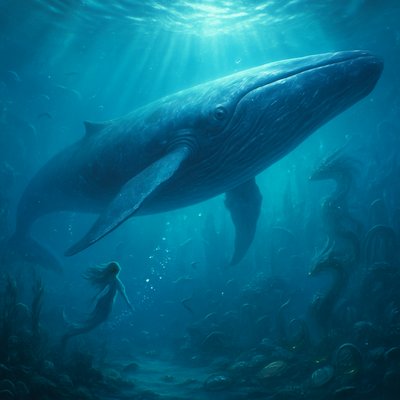 Generate an image using the Depths of the Sea Generator style: A majestic and mysterious blue whale gliding gracefully through a surreal ocean abyss. Its massive, sleek body glows with deep blues and silvers, textured with hyper-realistic skin details and subtle bioluminescent veins. Soft sunlight filters down from the distant surface, creating volumetric god rays that pierce the crystalline water. Delicate, glistening bubbles trail behind like sparkling jewels, refracting prismatic light in the ethereal clarity. The scene blends photorealistic whale anatomy with dreamlike surrealism—vast, shimmering depths, faint silhouettes of ancient sea life, and an aura of profound awe. High resolution, 8K, wide-angle cinematic view emphasizing the whale's immense scale and serene mystery.

