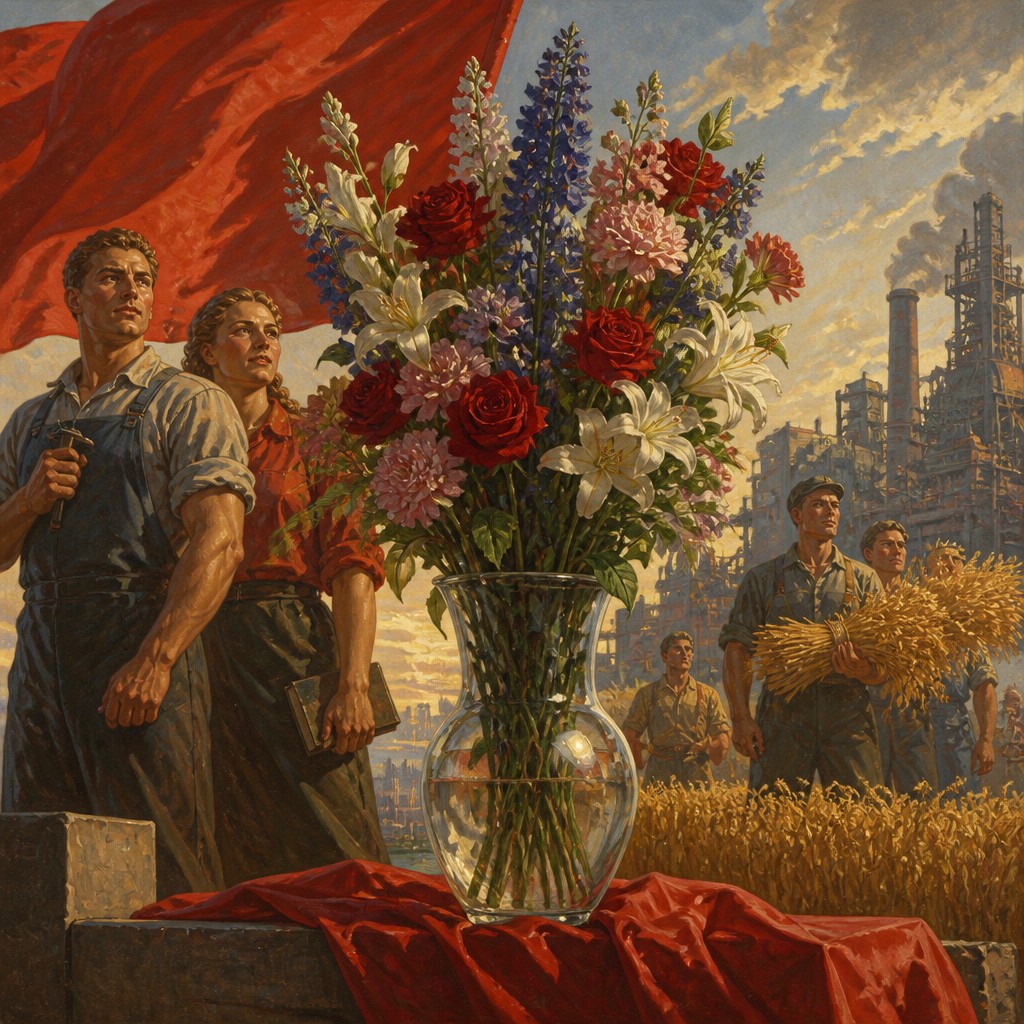 bouquet of flowers in a glass vase — Socialist Realism Art Style