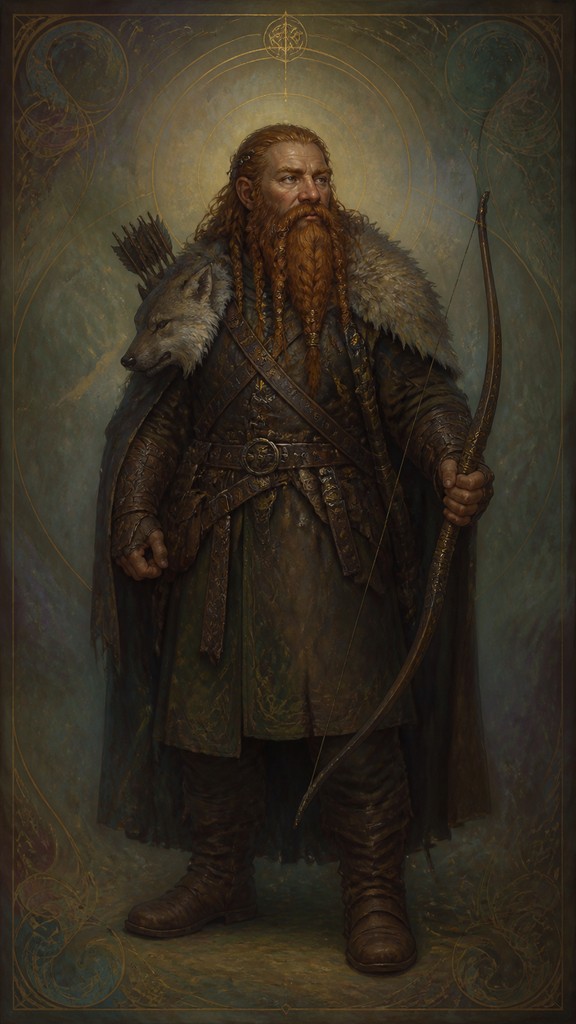 full-body original character: a dwarven ranger with a braided auburn beard, worn leather armor, a longbow and a wolf-pelt cloak, neutral background, no text