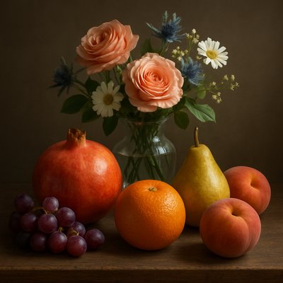 still life arrangement of fruits and flowers