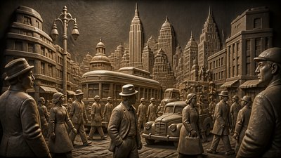 bustling city street panorama at dusk