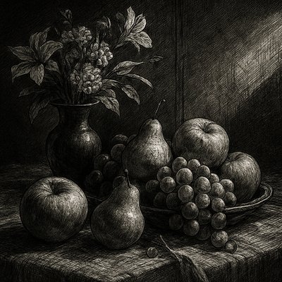 still life arrangement of fruits and flowers