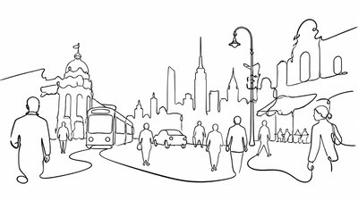 bustling city street panorama at dusk