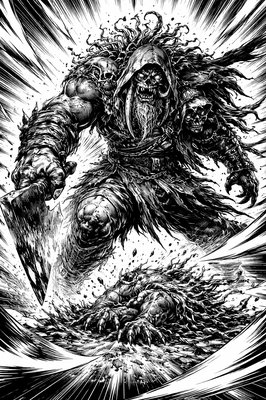 a black and white drawing of a demon