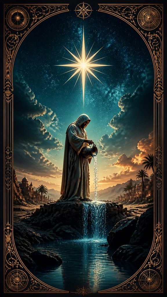 a robed figure pouring water beneath a large eight-pointed star in a night sky, symmetrical composition with an ornate decorative border, no text