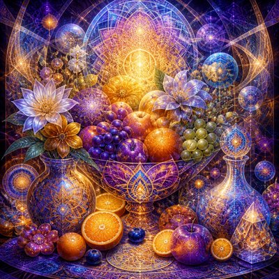 still life arrangement of fruits and flowers