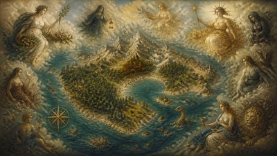 a map of an island realm with mountains, forests, a sheltered bay, sea monsters in the water and a compass rose, no text labels