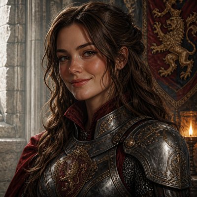 head-and-shoulders portrait of an original character: a young woman with wavy chestnut hair and a warm smile, plain soft backdrop
