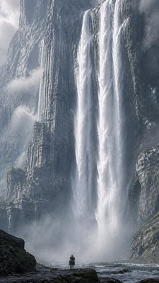 towering waterfall cascading down a cliff