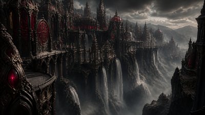a cliffside city with waterfalls cascading into a misty canyon, wide establishing shot, no people, no text