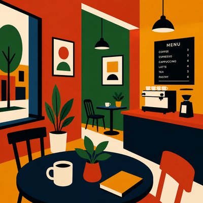 cozy cafe interior with warm lighting