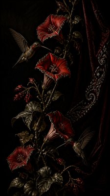 a climbing vine of flowers and hummingbirds on a dark background, tall wrapping composition, no text