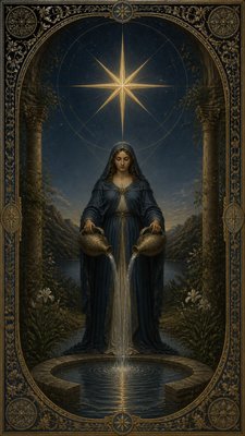 a robed figure pouring water beneath a large eight-pointed star in a night sky, symmetrical composition with an ornate decorative border, no text
