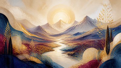 a vast valley with a river winding toward distant mountains at sunrise, no people, no text