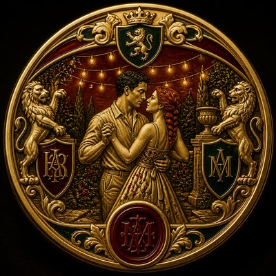 an original couple dancing under string lights in a garden at dusk: a man with short black hair in a linen shirt and a woman with braided red hair in a summer dress