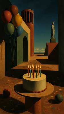 a birthday cake with lit candles surrounded by balloons and confetti, festive vertical composition, no text