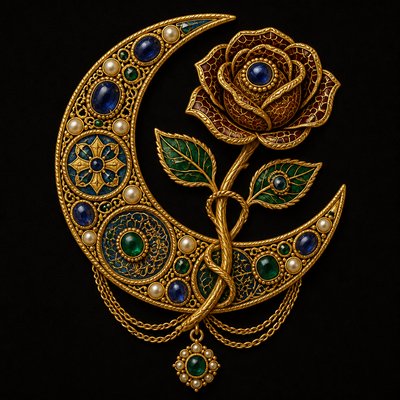 a rose entwined with a crescent moon, clean balanced composition on a plain background, no text
