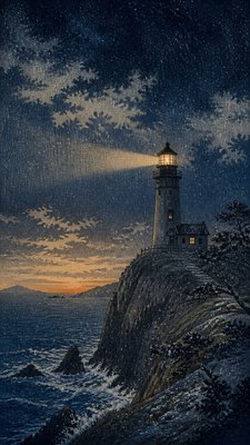 a lone lighthouse on a cliff at dusk under a dramatic sky, no text or lettering