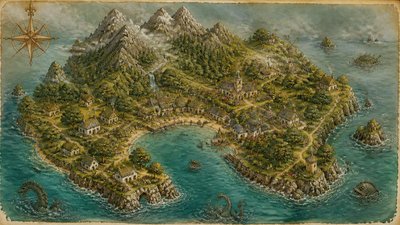 a map of an island realm with mountains, forests, a sheltered bay, sea monsters in the water and a compass rose, no text labels