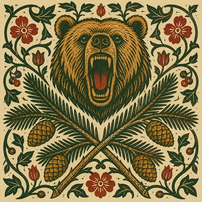 a roaring bear head above crossed pine branches, bold graphic composition on a plain background, no text