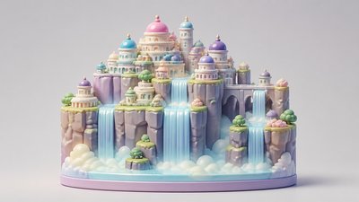 a cliffside city with waterfalls cascading into a misty canyon, wide establishing shot, no people, no text