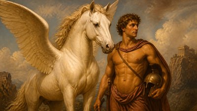 the ancient greek ignudi hero Bellerophon stands next to Pegasus the white-winged horse - classical realism