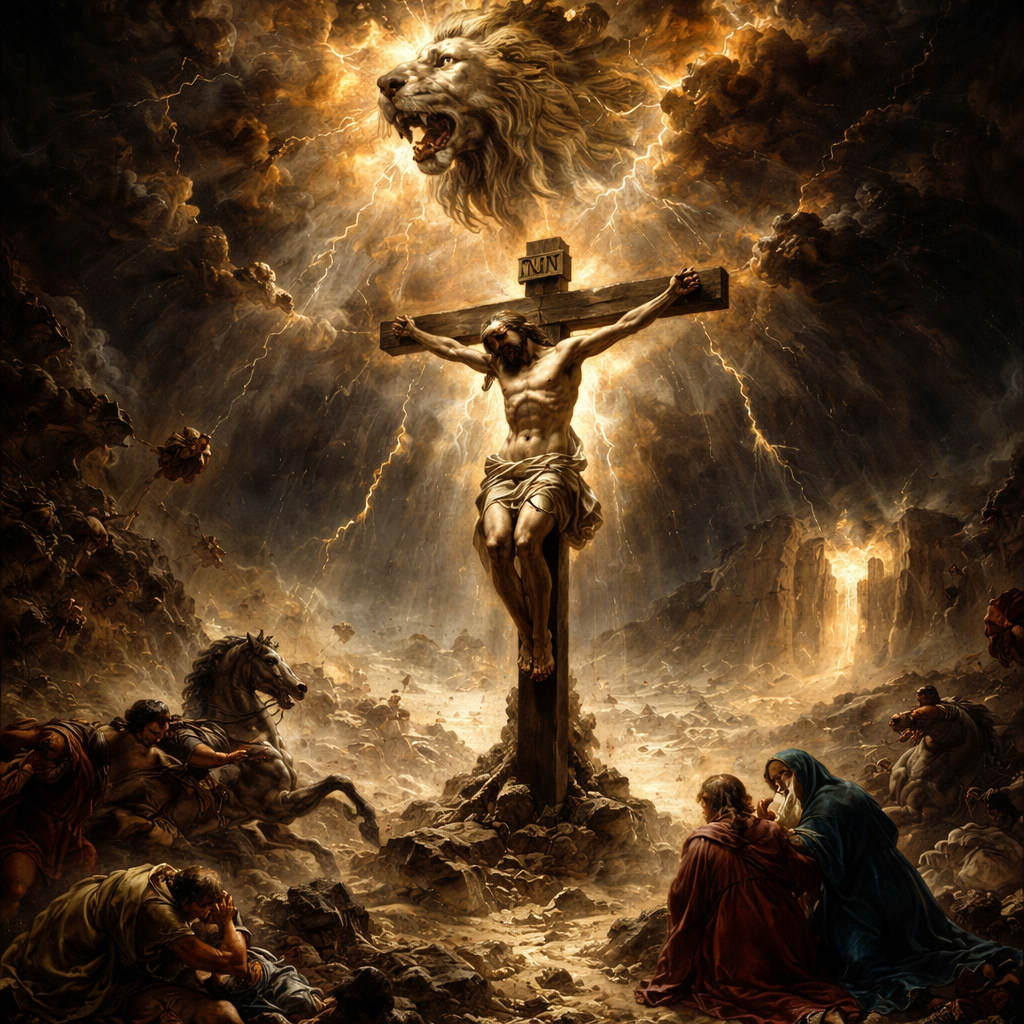 Epic Biblical Baroque Painting Style, High-Contrast Tenebrism Lighting, Supernatural Realism. A monumental, earth-shattering scene at Golgotha at the precise moment of death.
The Central Figure: Jesus hangs lifelessly on a rough wooden cross, head bowed in finality, his body pale and scarred. A subtle, fading divine light emanates from him. The titulus above his head reads "INRI."
The Manifestation of the Roar (Jasher 54 influence): At the very instant of his death, the environment is violently convulsing, visualizing the "roar" of Judah echoing through time. Behind and above the cross, the dark, stormy clouds are being ripped apart by a massive, translucent ethereal manifestation of a roaring Lion's head formed from dust, lightning, and golden spiritual energy.
The Environmental Impact: The ground beneath the cross is cracking open with deep fissures. Massive boulders are shattering into dust mid-air. The temple veil in the distant city background is visibly tearing top-to-bottom.
The Human Reaction: Below the cross, the scene is one of absolute supernatural terror (as described in Jasher). Roman centurions are cowering on the ground, covering their ears, their helmets knocked off. Horses are rearing wildly, throwing their riders. The few followers present (Mary, John) are driven to their knees, not just in grief, but overwhelmed by the physical force of the cosmic event. The lighting is a chaotic mix of deep eclipse shadow and blinding bursts of supernatural golden-red light from the roaring manifestation.