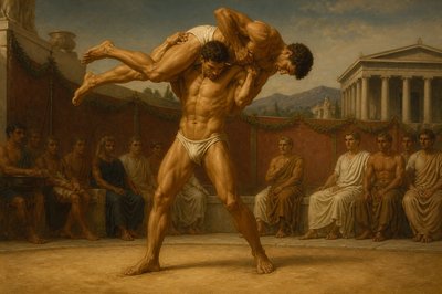 ancient greek wrestler lifts his opponent in the air
