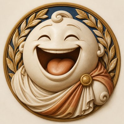 an exaggerated laughing face of an original round mascot character, bold and readable at small size, plain background, no text