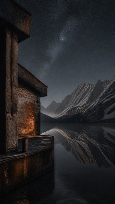 a tranquil mountain lake beneath a starry night sky, no people, no text