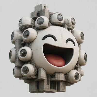 an exaggerated laughing face of an original round mascot character, bold and readable at small size, plain background, no text