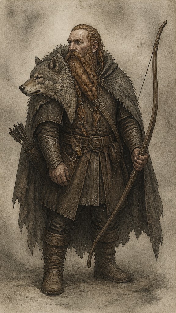 full-body original character: a dwarven ranger with a braided auburn beard, worn leather armor, a longbow and a wolf-pelt cloak, neutral background, no text