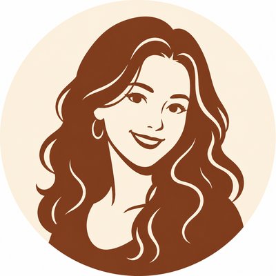 head-and-shoulders portrait of an original character: a young woman with wavy chestnut hair and a warm smile, plain soft backdrop